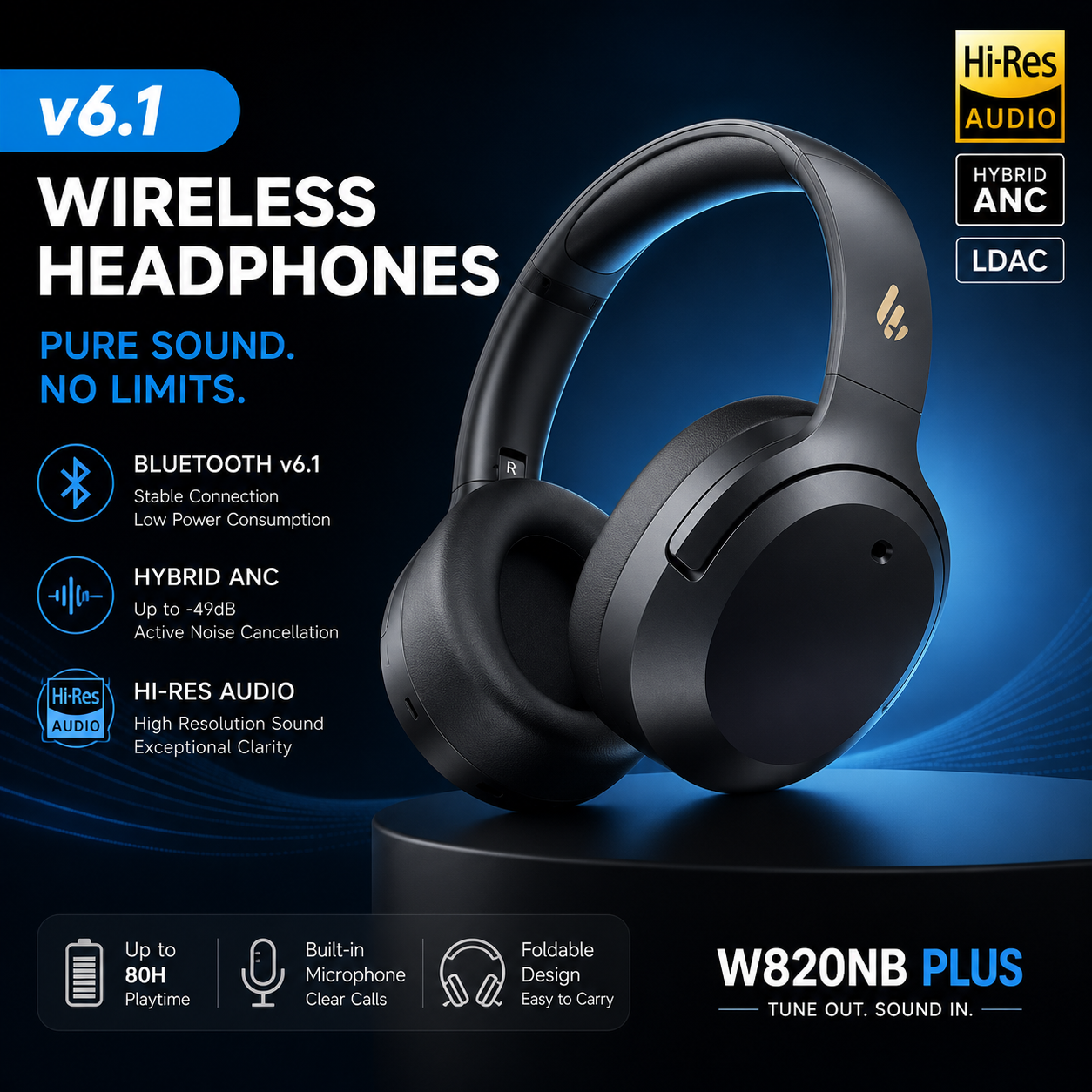 Edifier W820NB Plus(2025 Ver.) – ANC Over-Ear Wireless Headphones